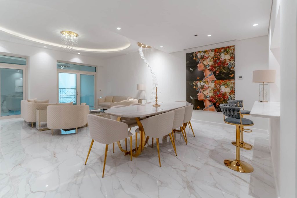 Golden Vienna villa fit-out works featuring a modern dining and living area.