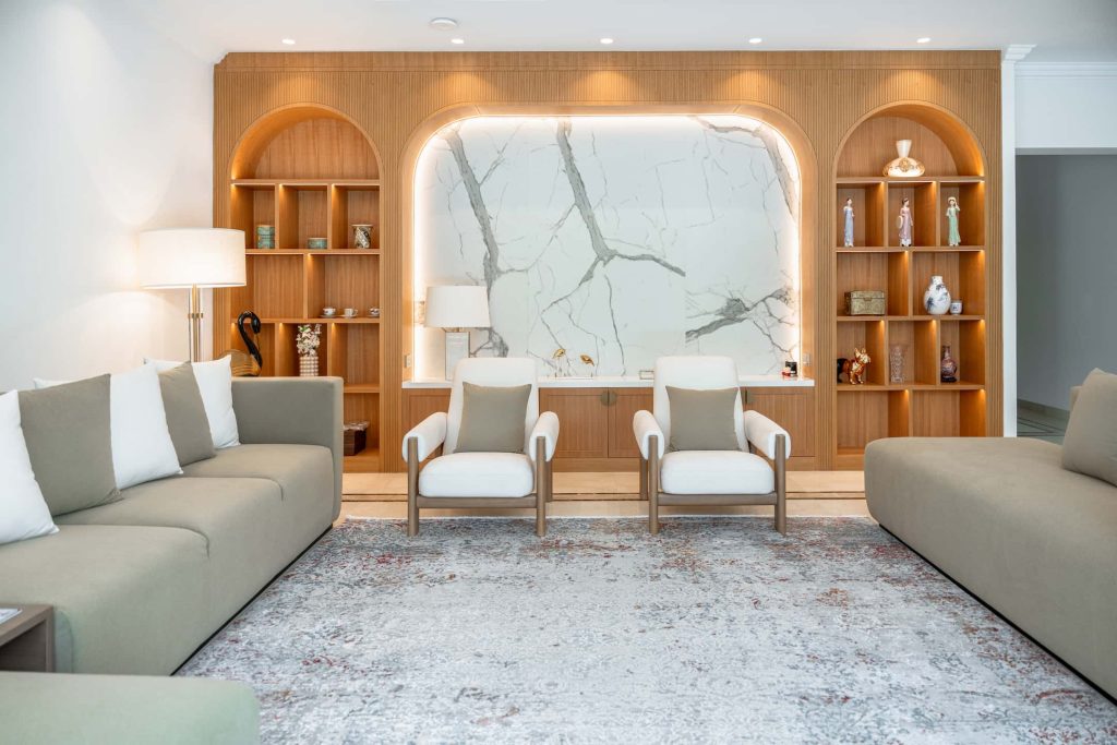 Villa Camellia features a neutral color scheme with soft beige seating.
